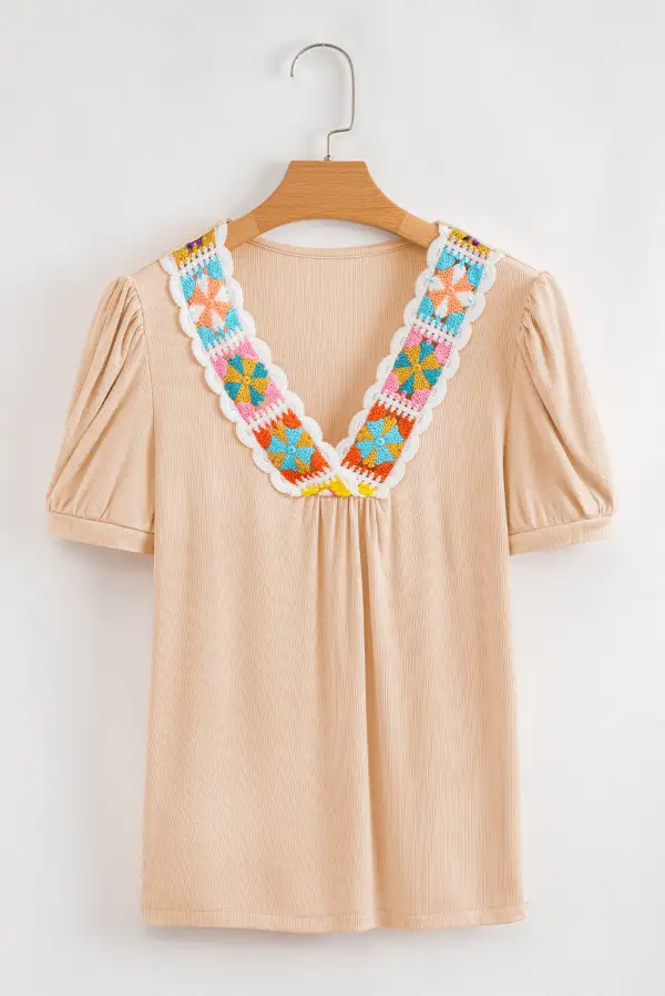 Pale Chestnut Crochet Floral V Neck Textured Short Sleeve Blouse