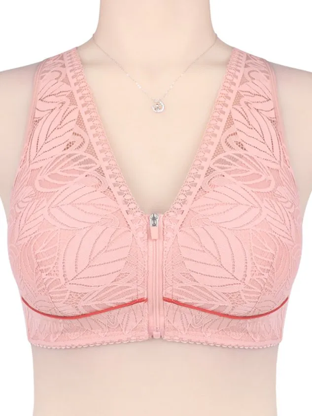 Soft Comfortable Lace Front Zipper Wireless Cotton Bra