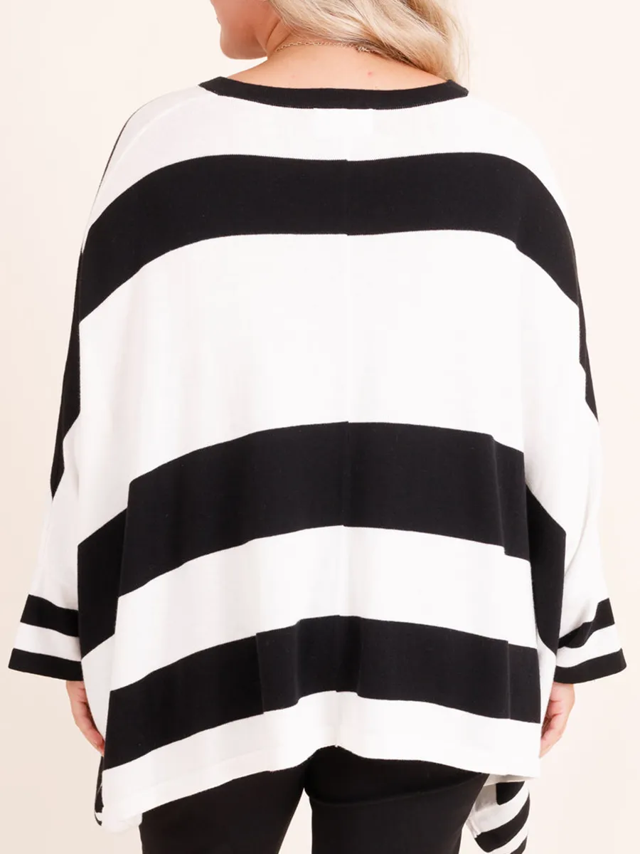 Black And White Striped Bat Sleeved Loose Fitting Sweater