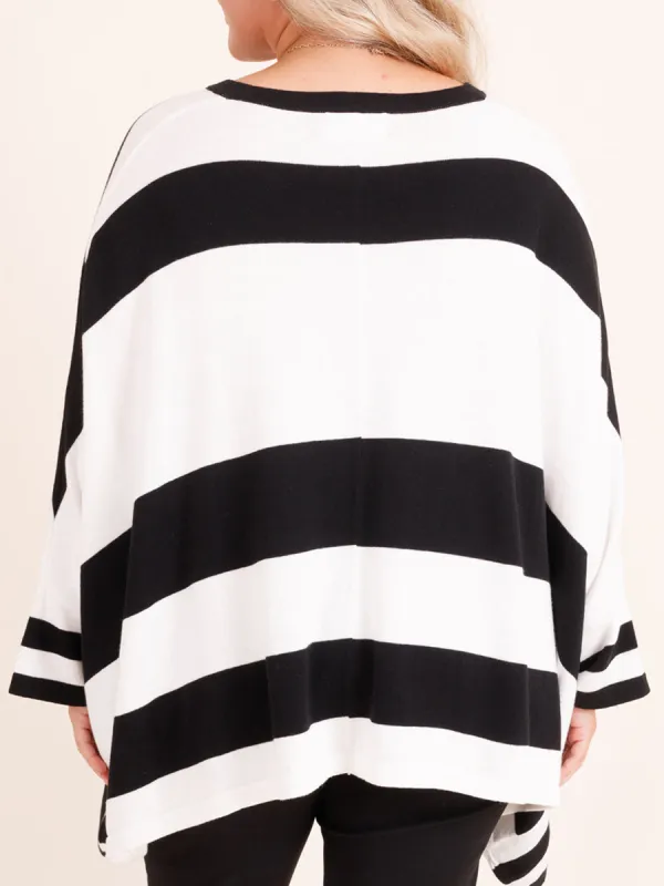 Black And White Striped Bat Sleeved Loose Fitting Sweater
