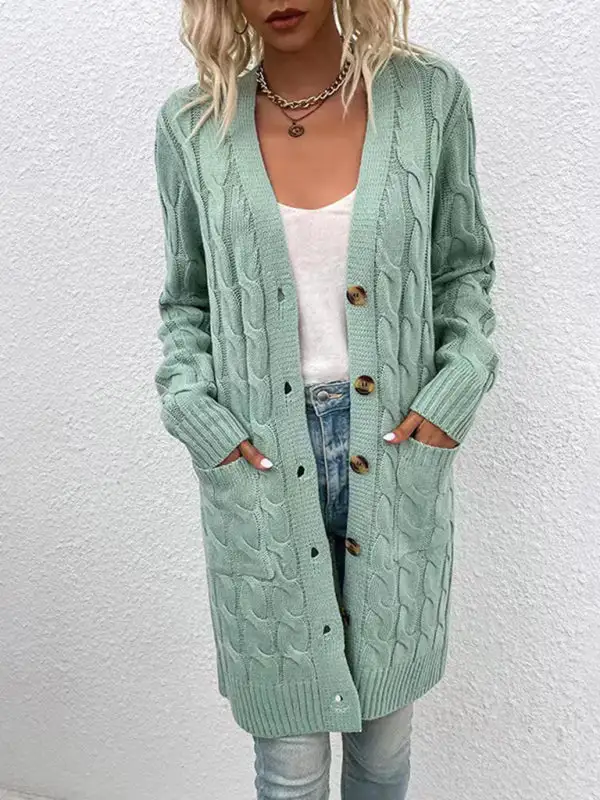 Women’s V-Neck Button-Up Long Cardigan with Pockets