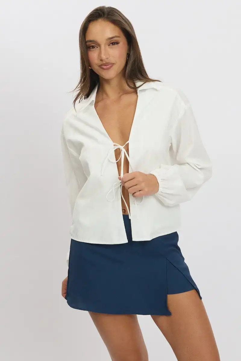 White Tie  Up Front Top Long Sleeve