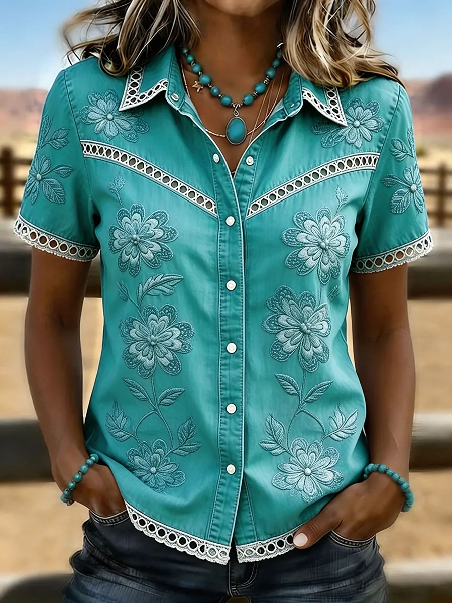 Women's Light Wash Floral Embroidered Lace Trim Western Denim Blouse