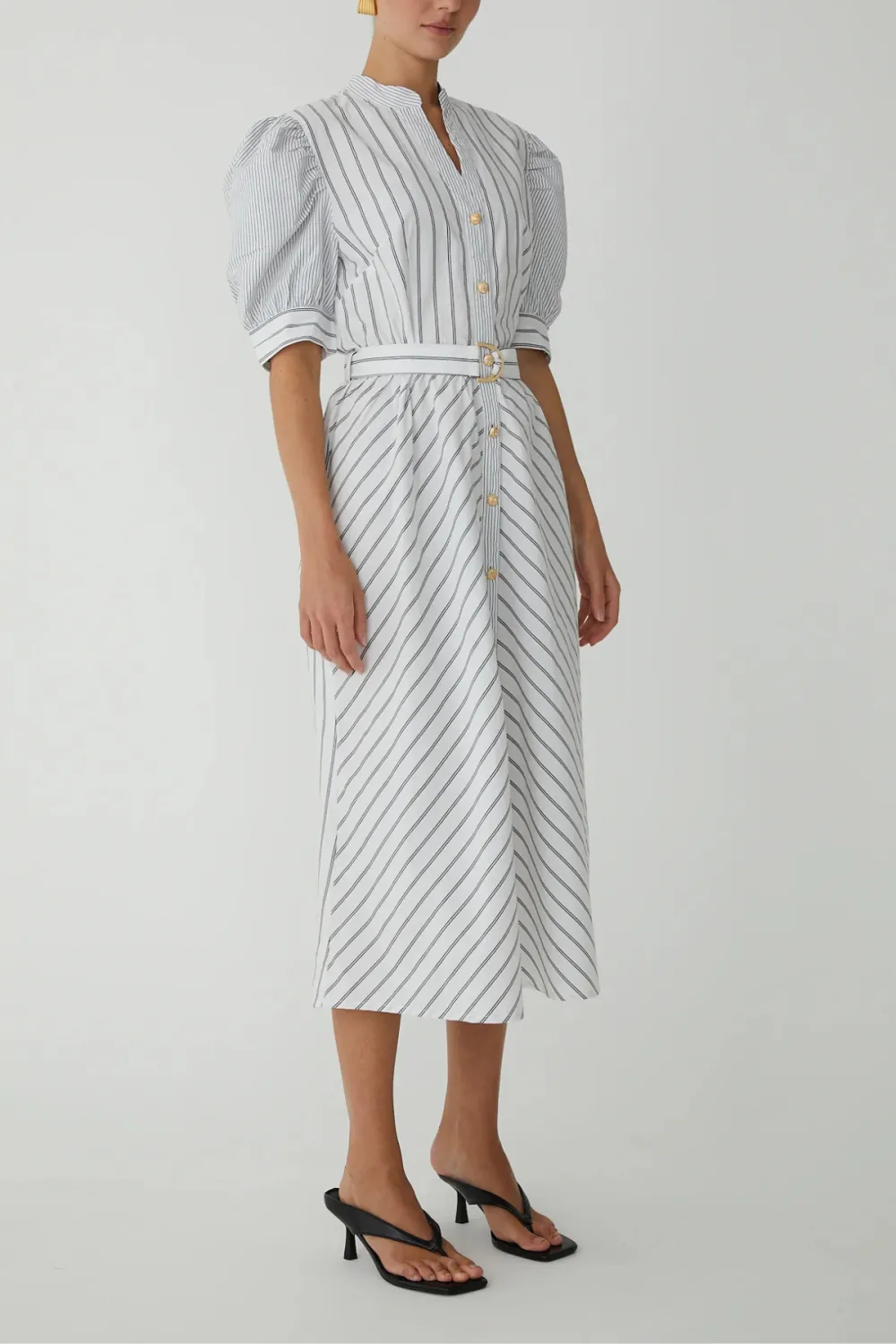 Striped Puff Sleeve Midi Dress