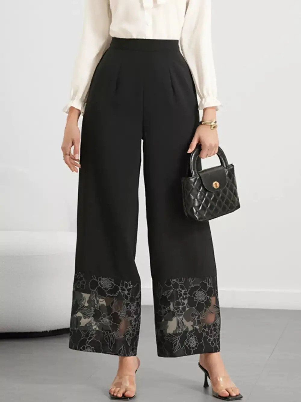 Floral Lace Hem Wide Leg Pants