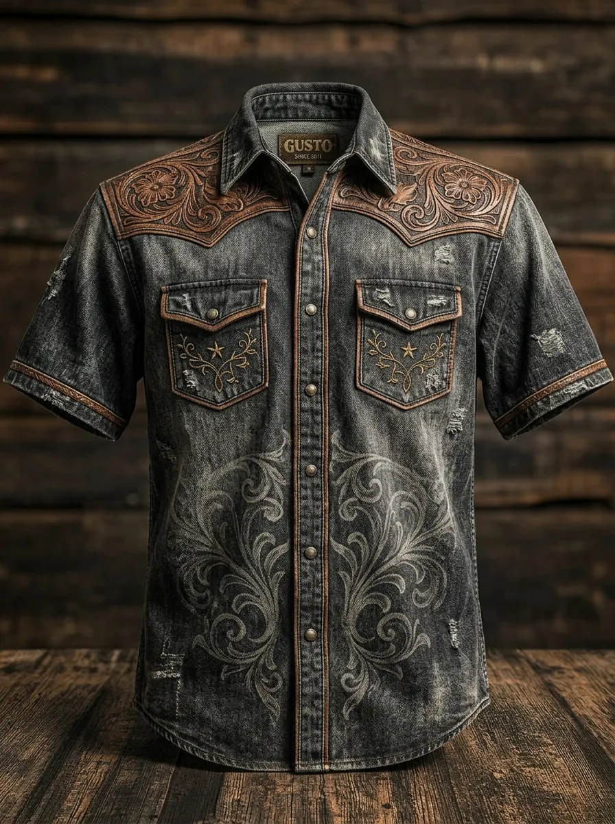 Men's Western Cowboy Floral Tooled Leather Print Distressed Denim Shirt