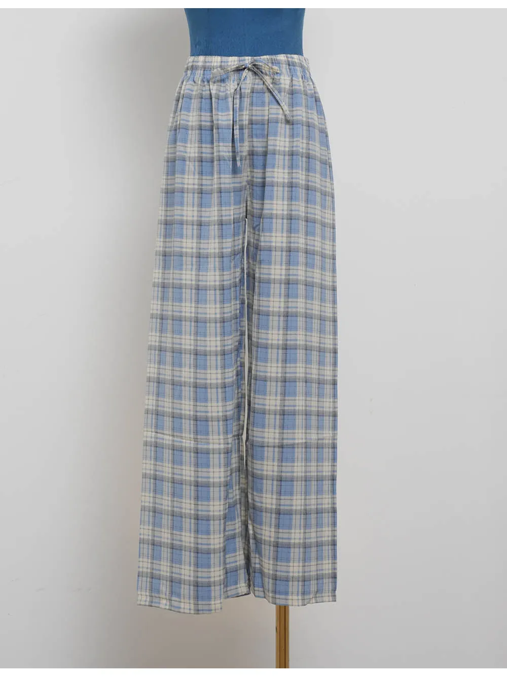 Checked Elastic Waist Drawstring Wide Leg Pants