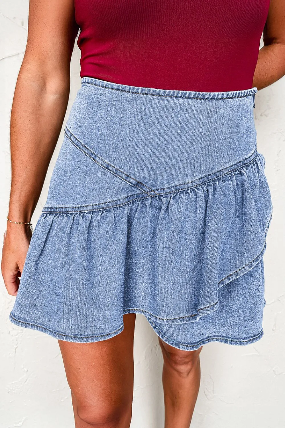 Asymmetric Ruffle Overlay Denim Skirt