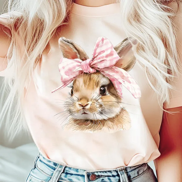 Bunny With A Bow Printed Round Neck Short Sleeve T-Shirt