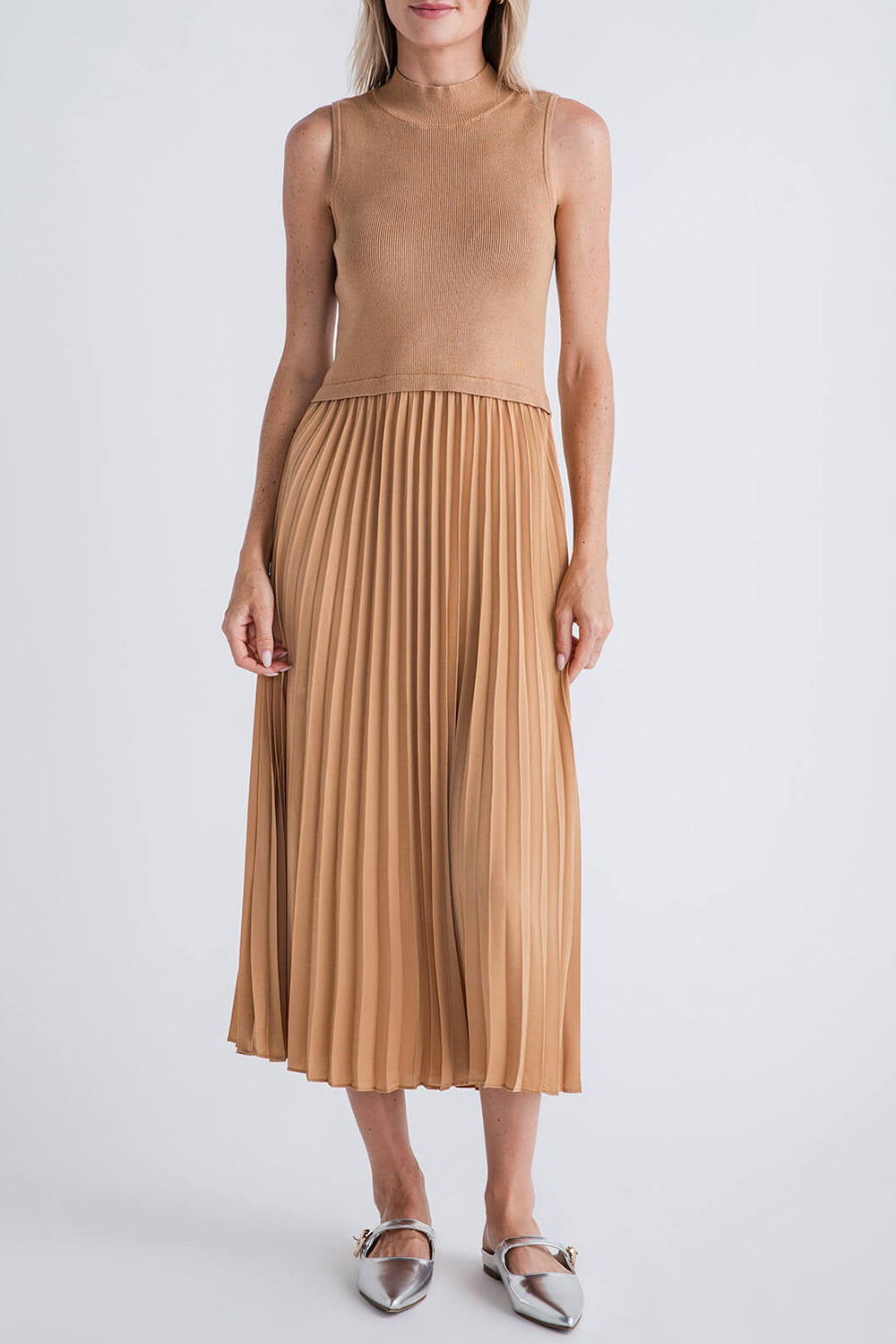 Skies Are Blue Pleated Contrast Mock Neck Dress - tan