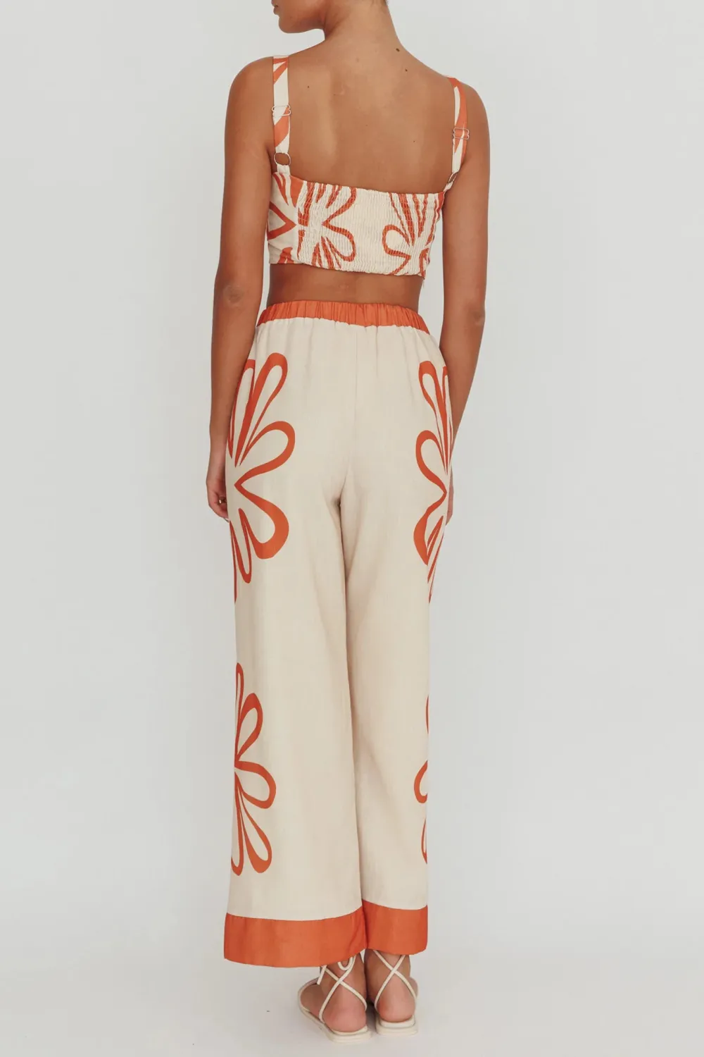 Soft Elastic Waist Plant Print Ladies Wide Leg Pants