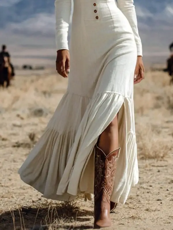 Tiered Slit Long Sleeve Maxi Dress