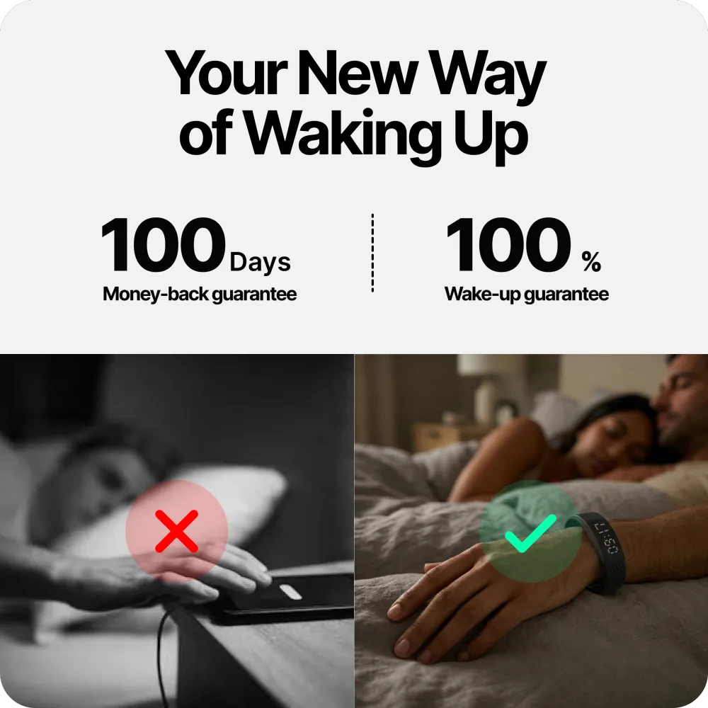 Silent Vibrating Alarm Clock – Wrist-Worn Wake-Up Device for Heavy Sleepers, Won't Disturb Your Partner, 2 Intensity Levels, Up to 3 Alarms, 14+ Day Rechargeable Battery