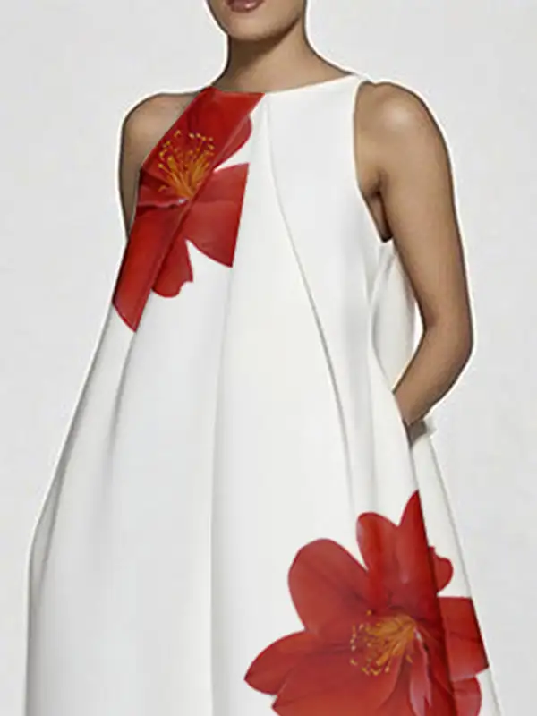 Asymmetric Floral Printed Sleeveless Neck Maxi Dress