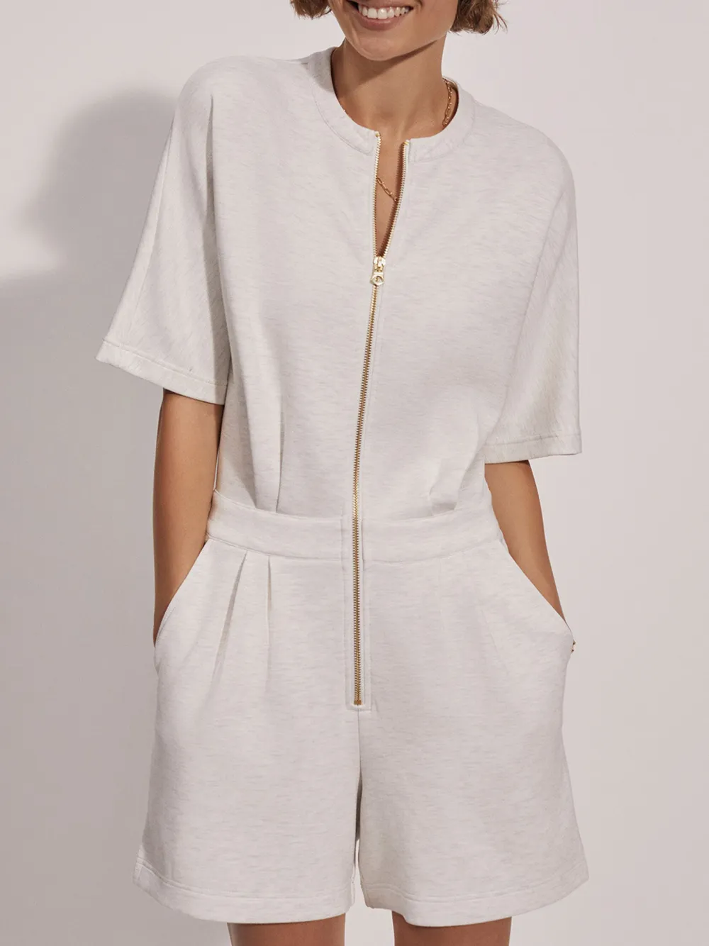 Fashionable Half-Sleeve Zip-Front Jumpsuit