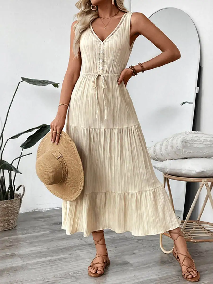 Waisted Pleated Buttoned Neck Maxi Dress