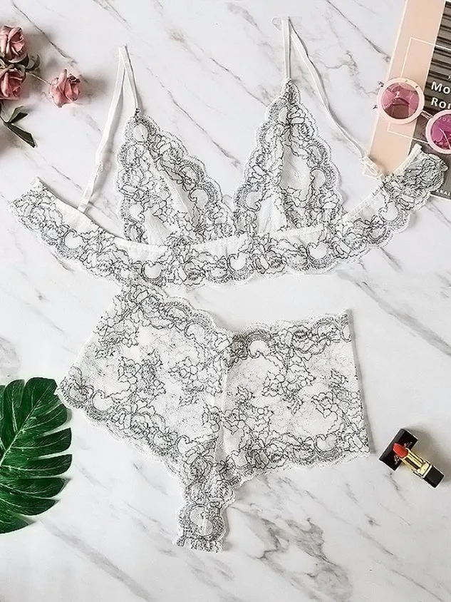 Sexy V Neck Two Tone Lace Floral Bra And Panty Set