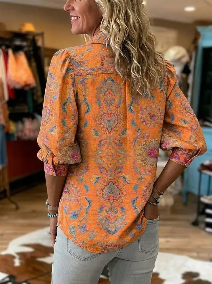 Women's Retro Floral Casual Puff Sleeve Denim Shirt