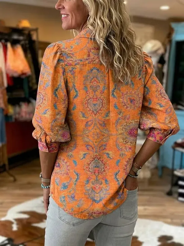 Women's Retro Floral Casual Puff Sleeve Denim Shirt