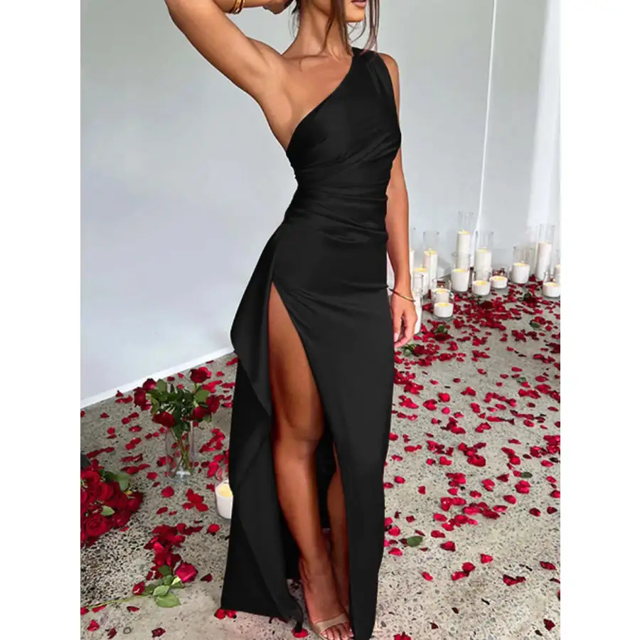 One Shoulder Satin Dress with High Slit