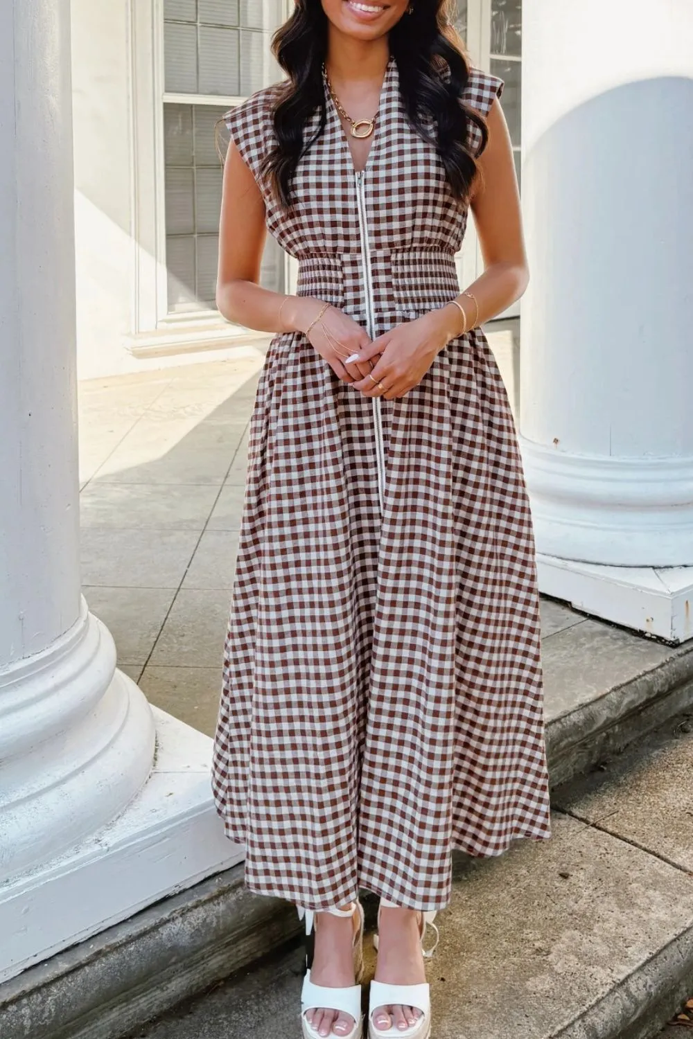 Plaid Zip Front Midi Dress