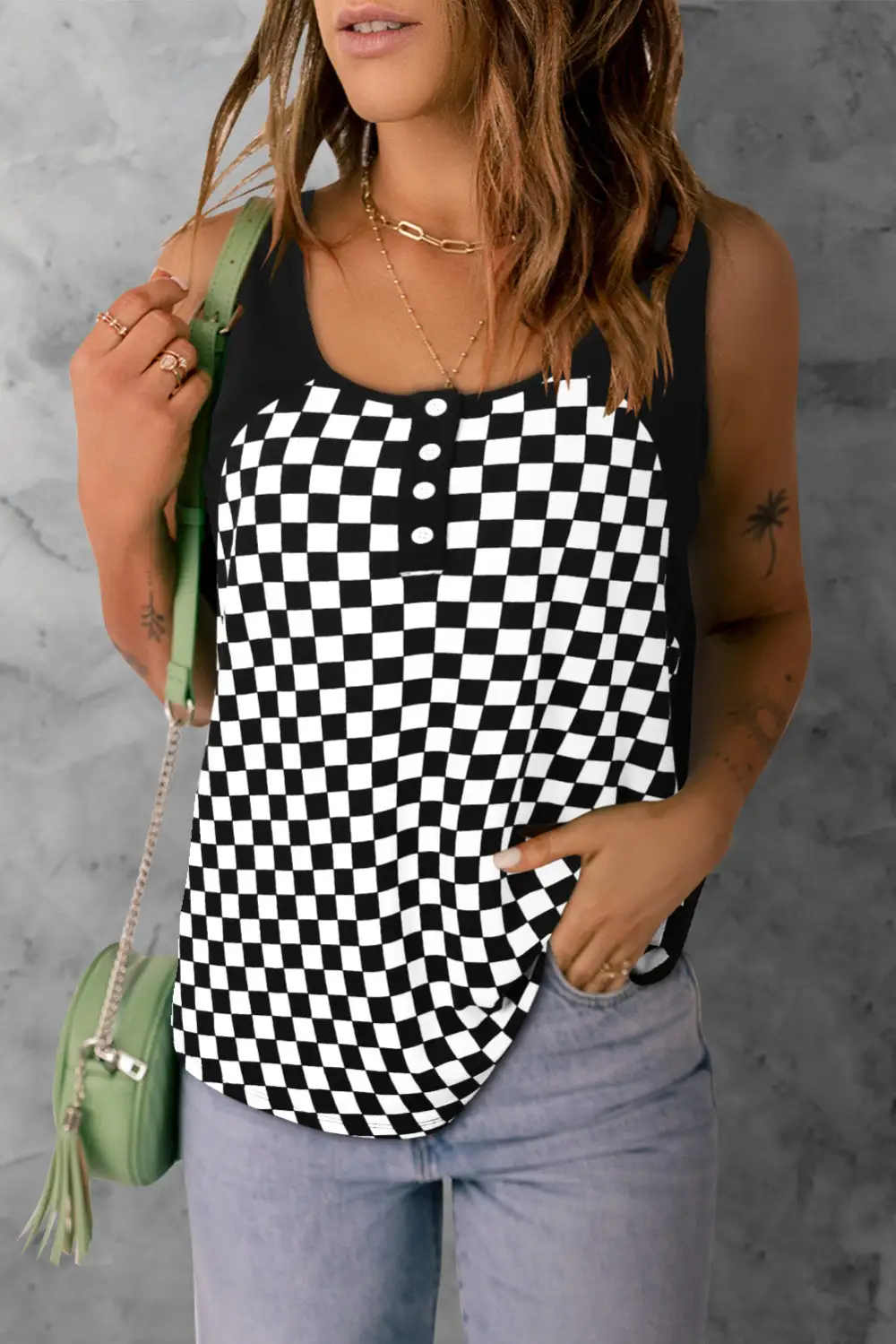 Plaid Patchwork Buttoned U Neck Tank Top