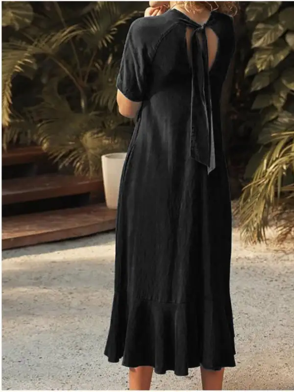 V Neck Pocketed Short Sleeve Dress Casual