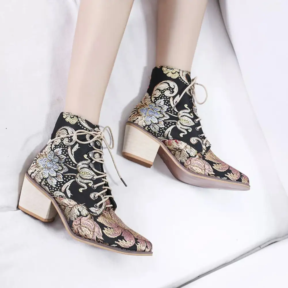 Embroidered Lace-Up Ankle Boots