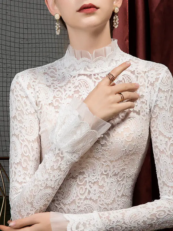 Flared Sleeve Long Sleeve Sheer Panel Detail Mock Neck T-Shirt