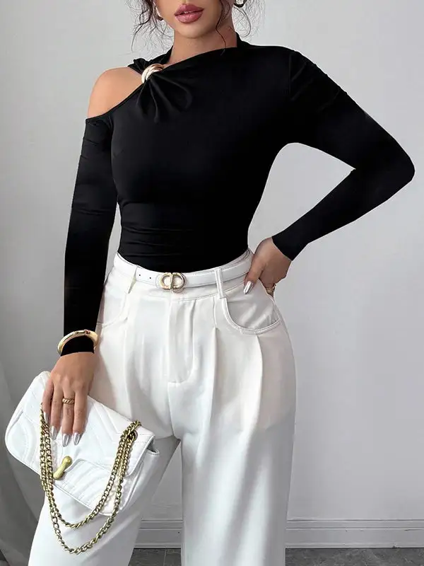 Long Sleeve Slim Fit Asymmetric Neckline T-Shirt