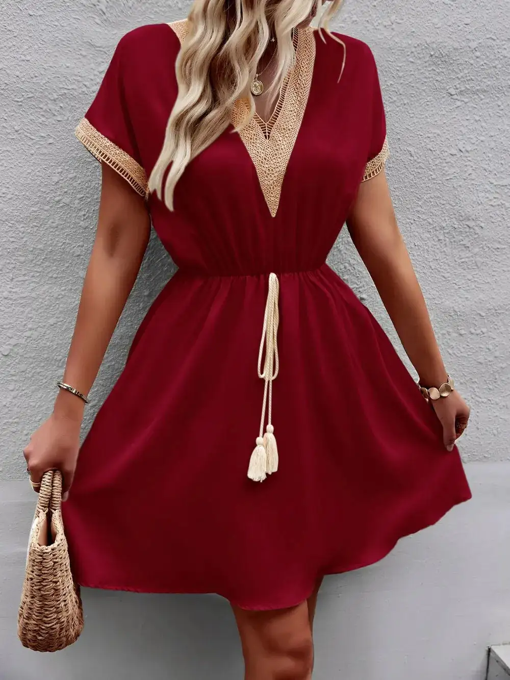 Contrast Trim V Neck Short Sleeve Mini Dress