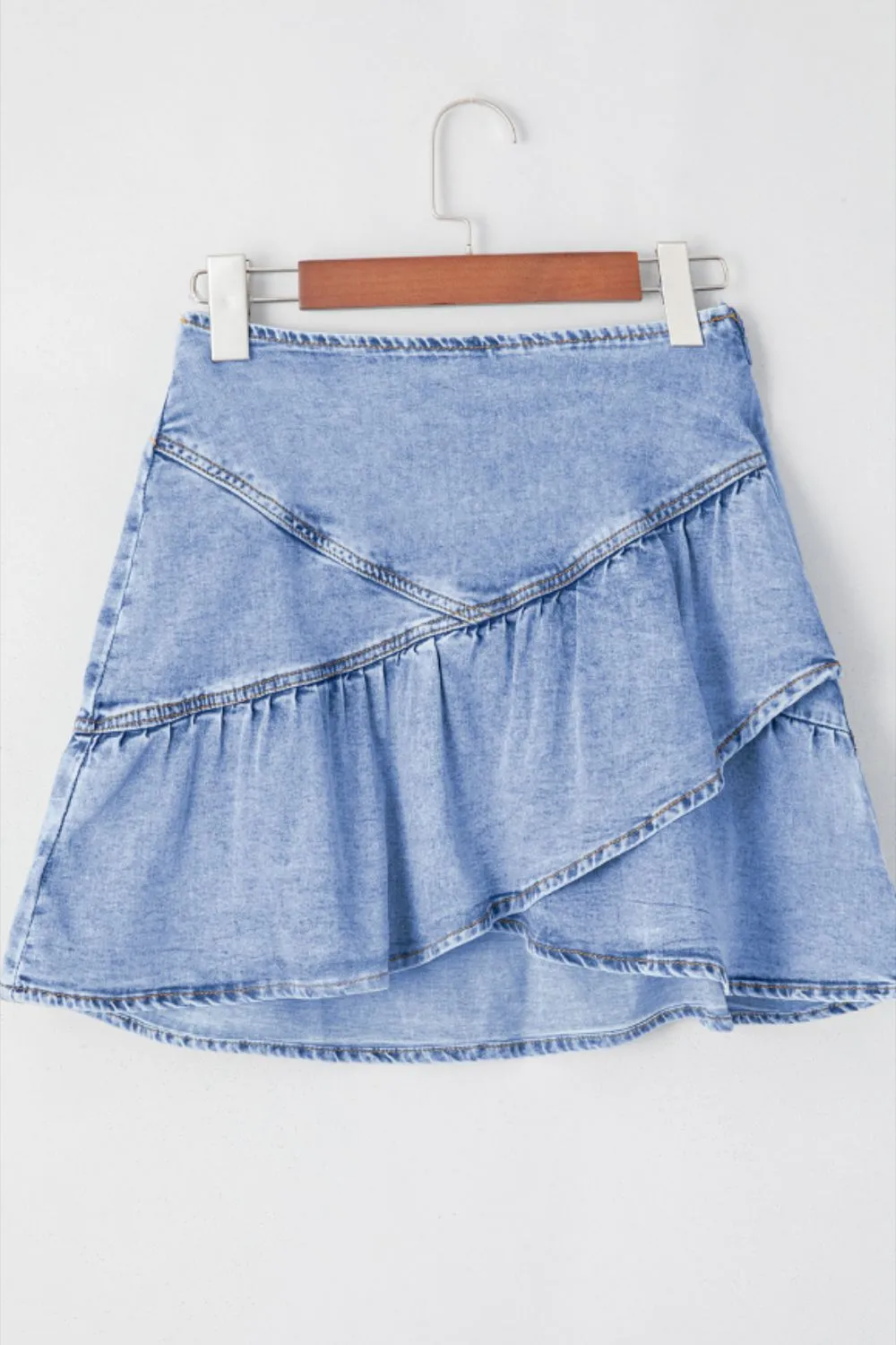 Asymmetric Ruffle Overlay Denim Skirt