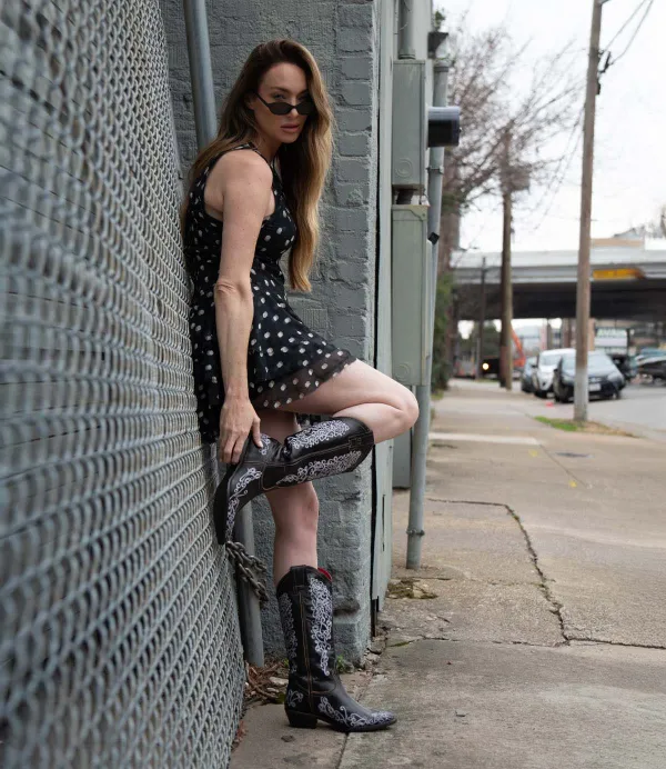 Floral-Stitched Slip-On Western Boots