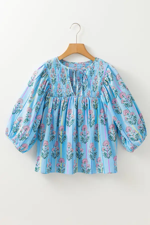 Striped Floral Shirred Blouse
