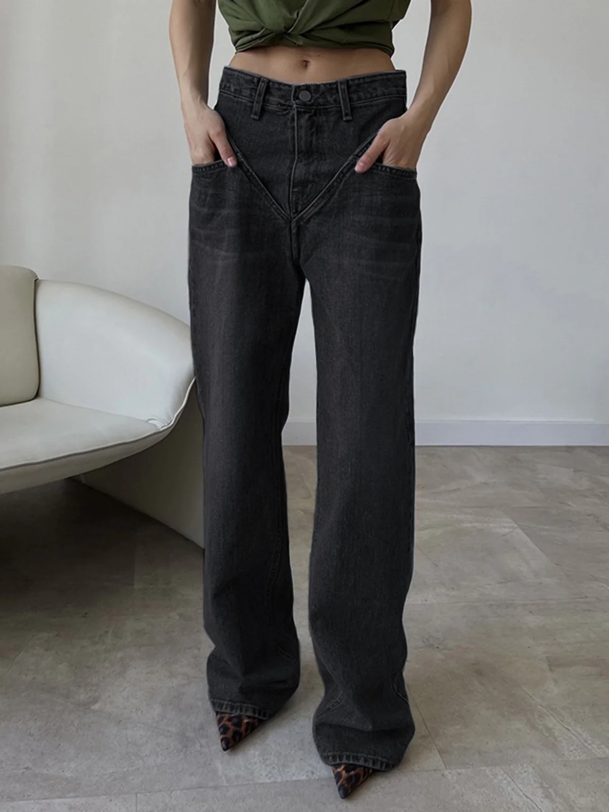 Vintage Wash Denim Straight Leg Jeans