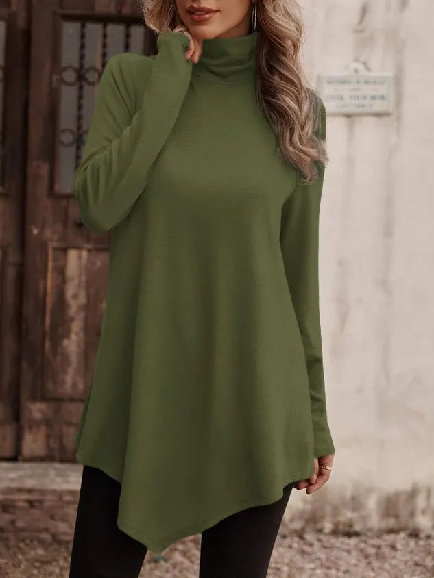 Casual Plain Turtleneck Long Sleeve T-shirt