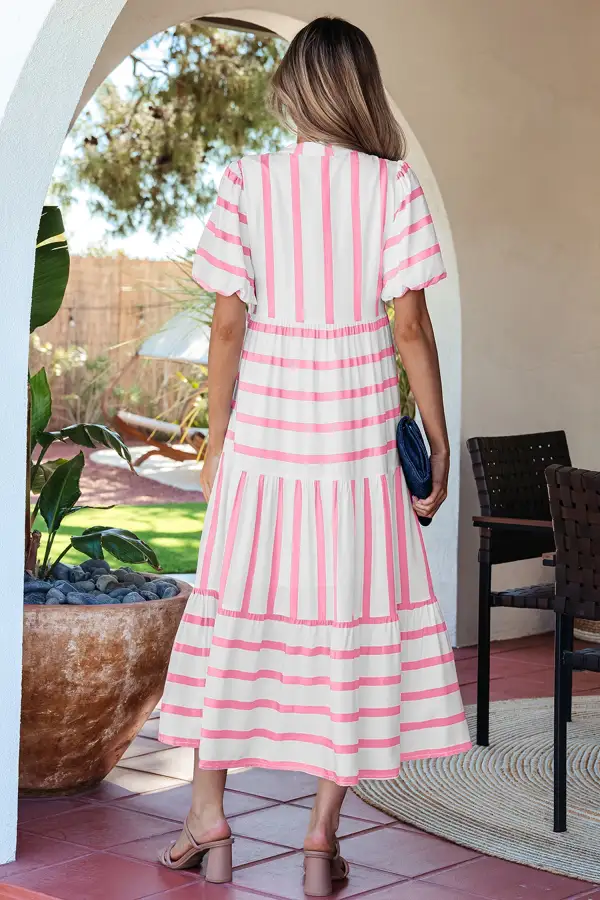 Stripe Half Sleeve Notched Neck Contrast Trim Ricrac Trim Everyday Midi Dress