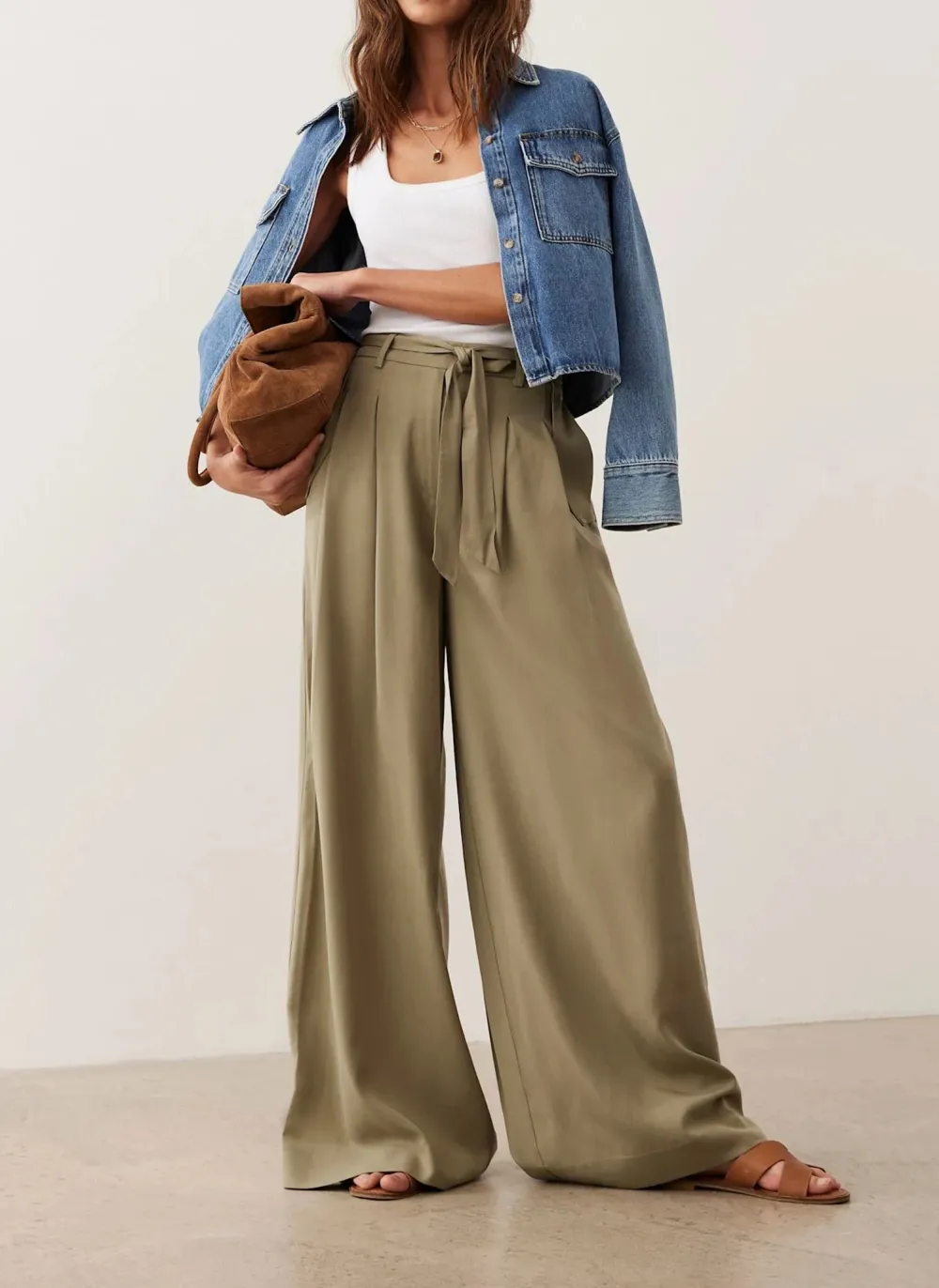 Casual Style Khaki Belted Wide Leg Trousers