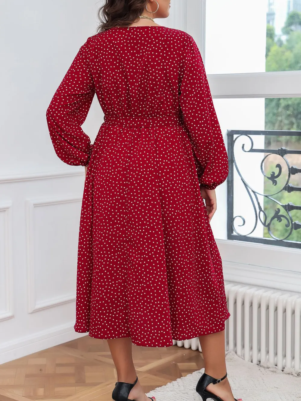 Literary Temperament Red Plus Size Dress Polka Dot Long Sleeves Women Clothing