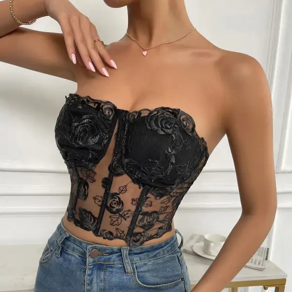Longline Bra with Rose Motif