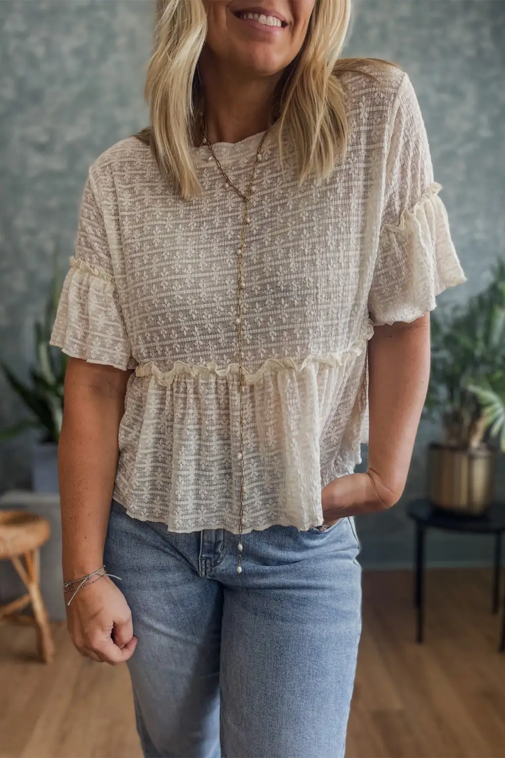 Ruffled Textured Short Sleeve Blouse