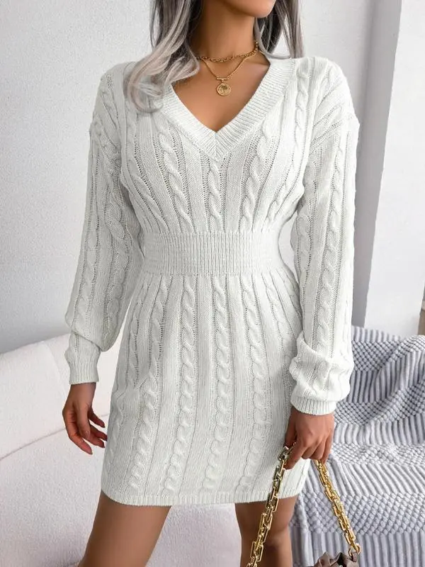 V Neck Cable Knit Sweater Dress
