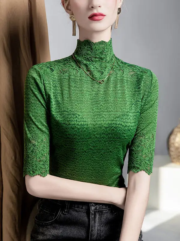 Layered Look Half Sleeve Slightly Sheer Panel Detail Textured High Neck T-Shirt
