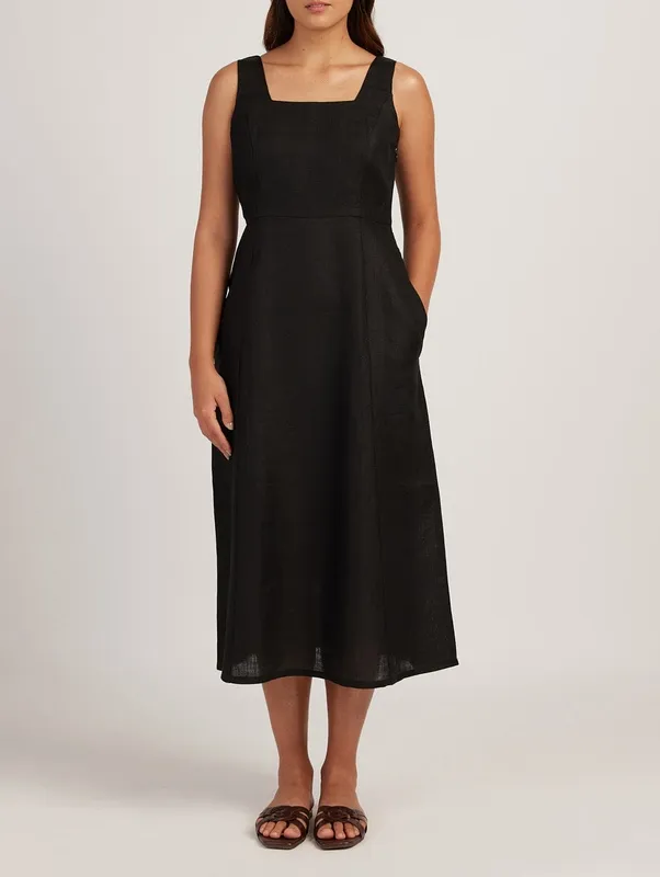 Black Linen Square-Neck Midi Dress