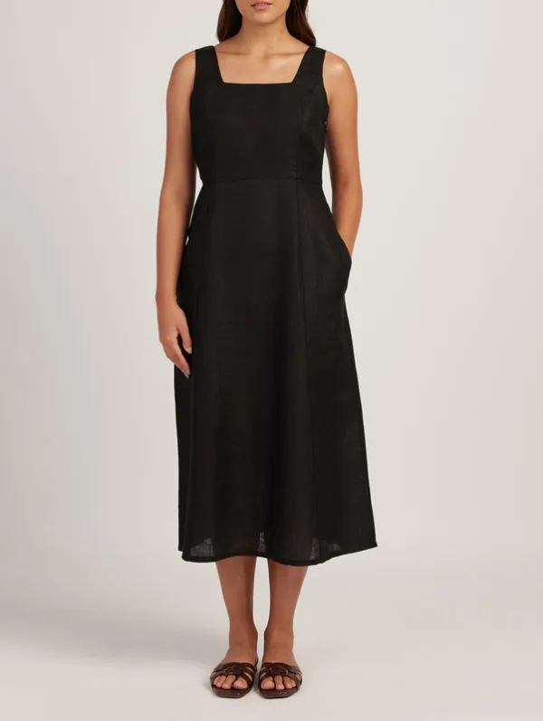 Black Linen Square-Neck Midi Dress