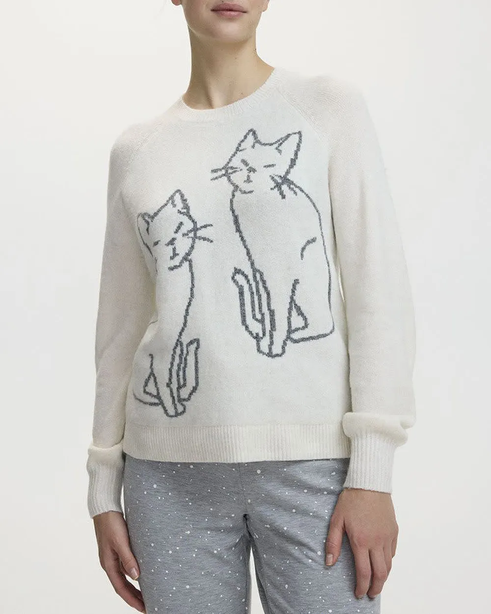 Cat Print Crew-Neck PlushSoft Sweater