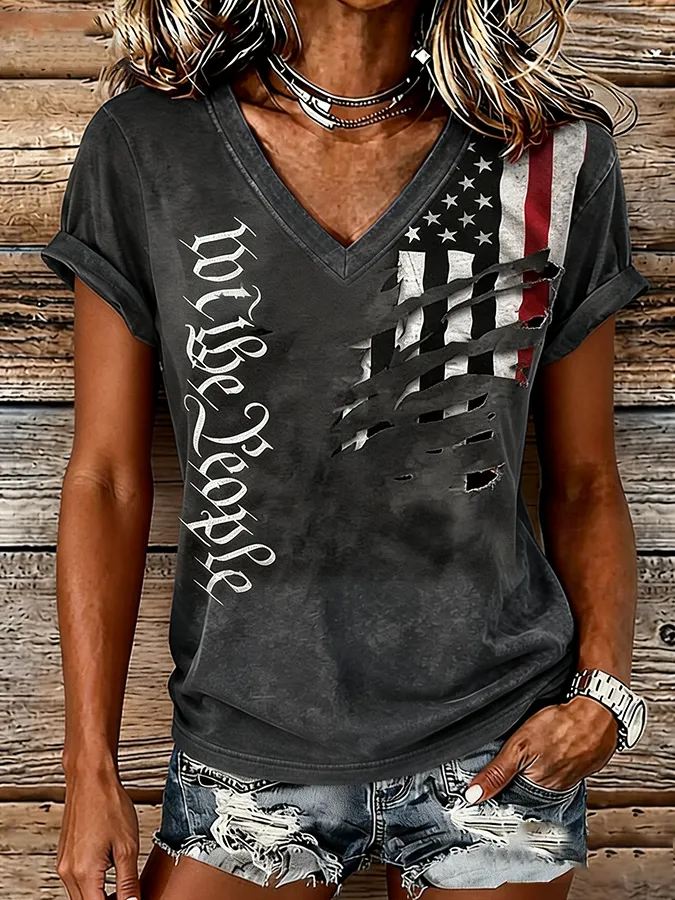 Women'S America Flag Print Casual V-Neck T-Shirt