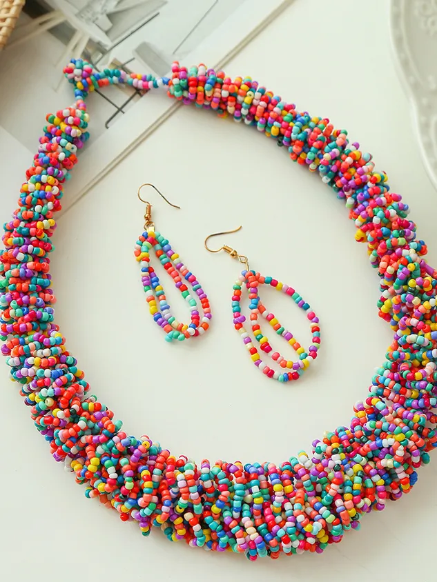 European and American Bohemian Ethnic Style Colorful Twine Necklace Earrings Set