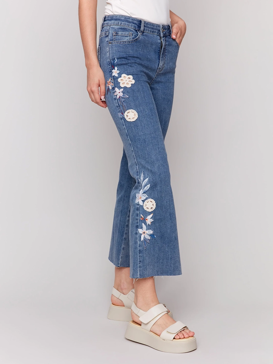Cropped Embroidered Soft Flared Trousers