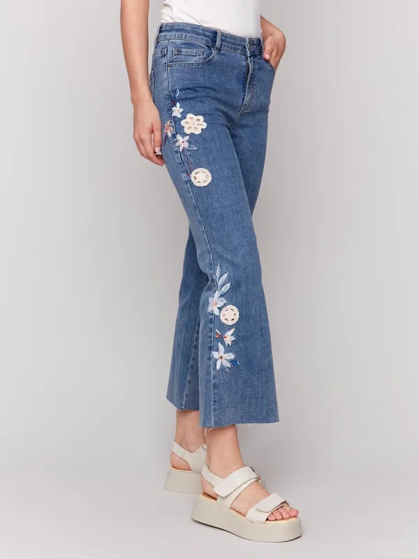 Cropped Embroidered Soft Flared Trousers